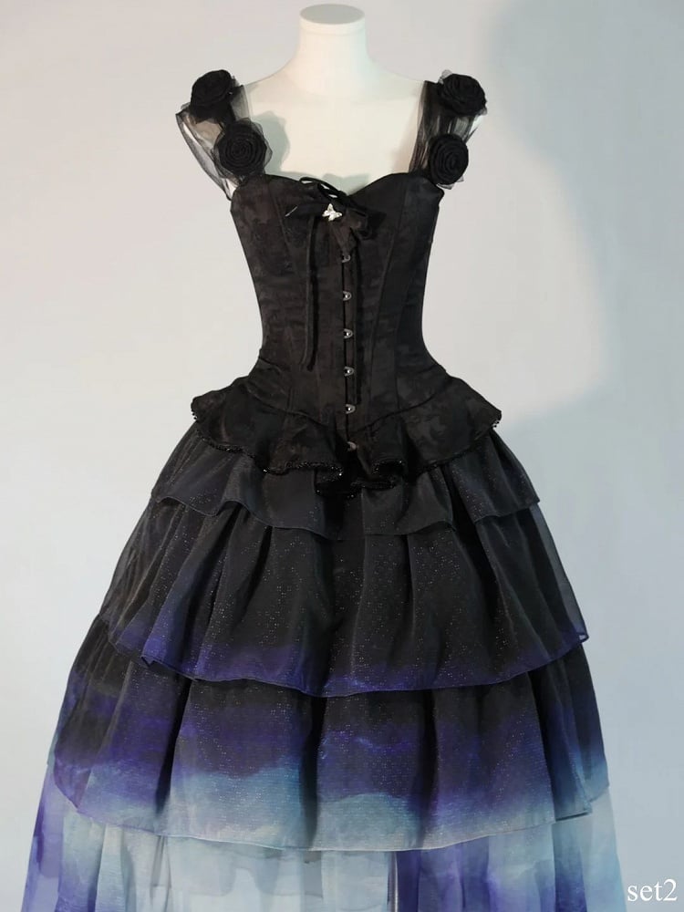 Black Top with Floral-Embellished Off-Shoulder Gradient Skirt Tiered Corset
