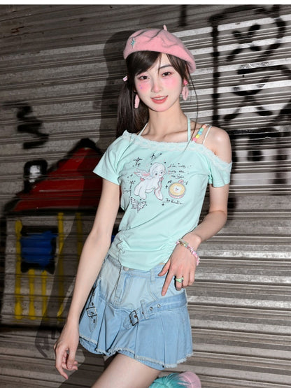 生のブルーバックルストラッププリーツパンクスカート裾デニムグラマラス