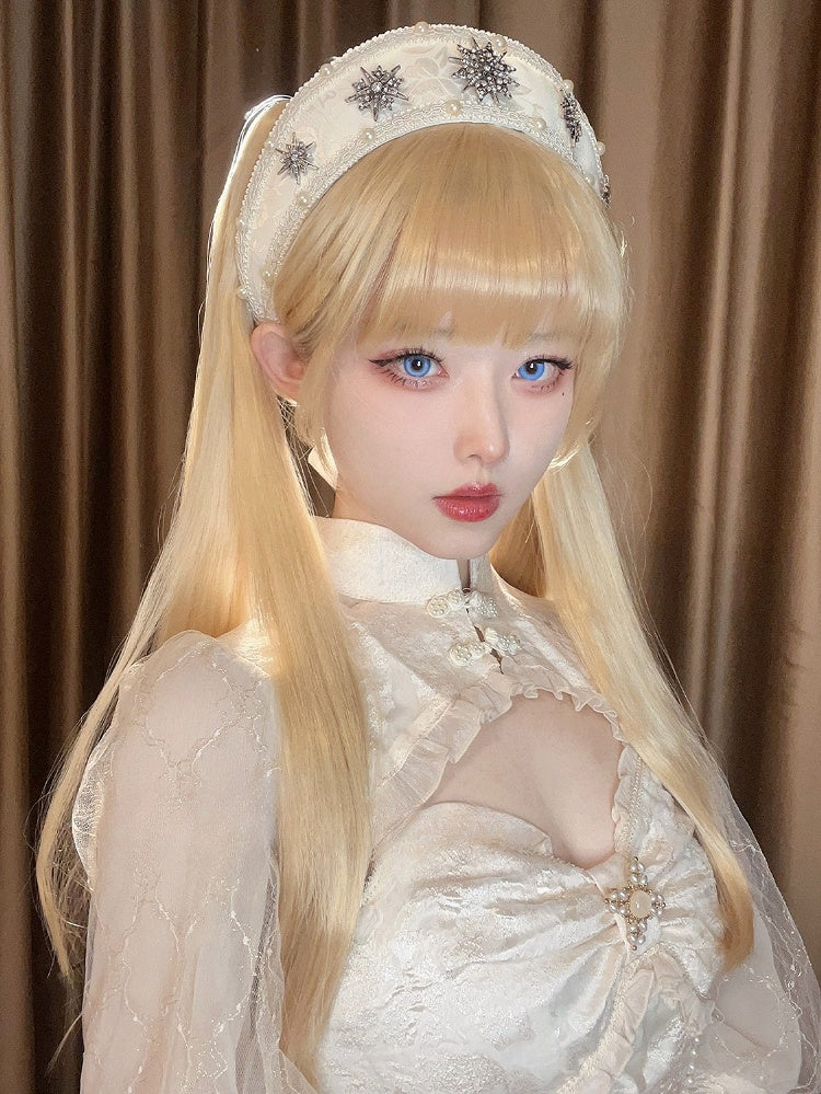 クロー編みポニーテールウィッグ前髪付きショート55cmダブルブロンドフルクリップ30cm+ストレート