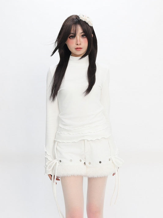 Ruffle Daily White Accents Mock Design Top Neck with Kawaii Sleeve Long