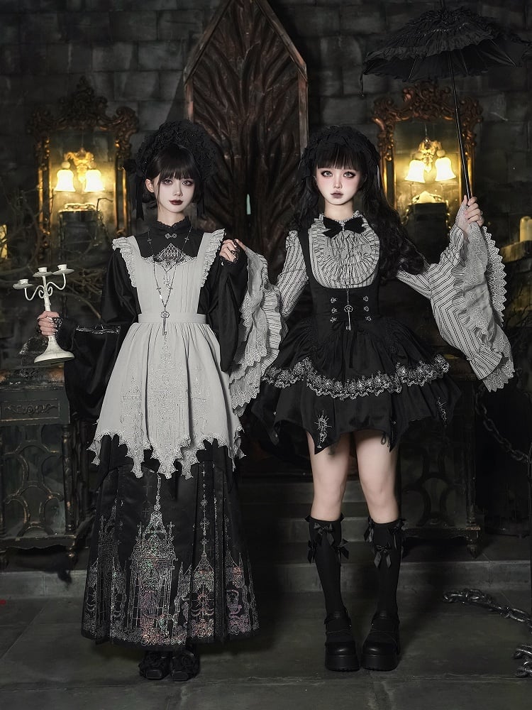 Embroidery Under Boned Lolita Black Waist Gothic Curved Dress Candelabra Bust Hem with