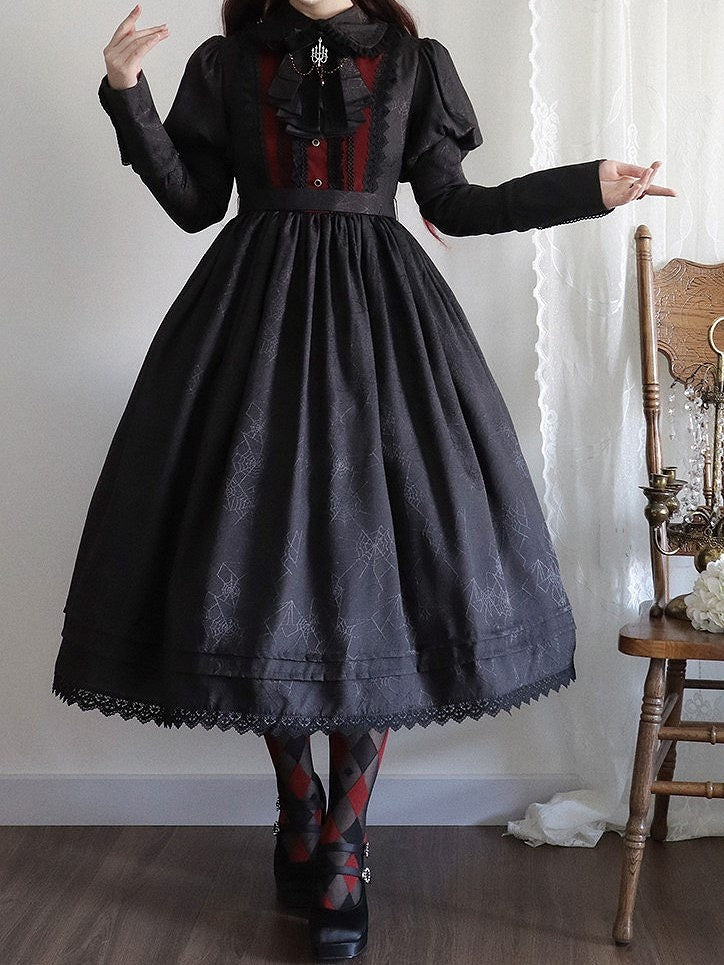 Lolita and Gothic with Lace Pattern Dress Spider Web Trim Black Juliette Sleeves