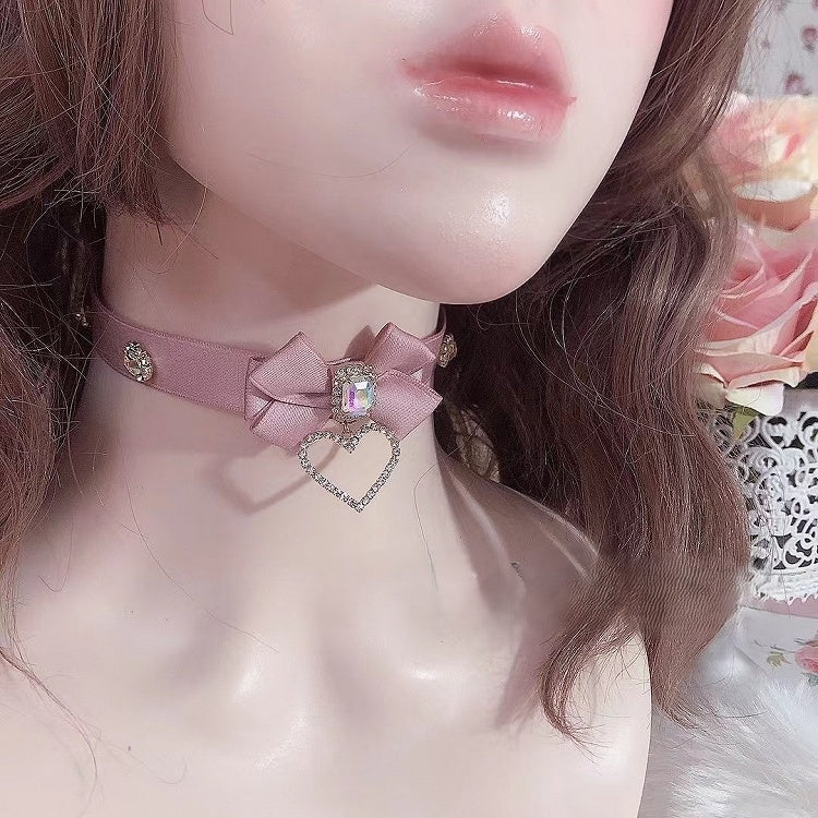 Choker with Rhinestone Black/Pink Pendant Heart Bow