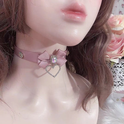 Choker with Rhinestone Black/Pink Pendant Heart Bow