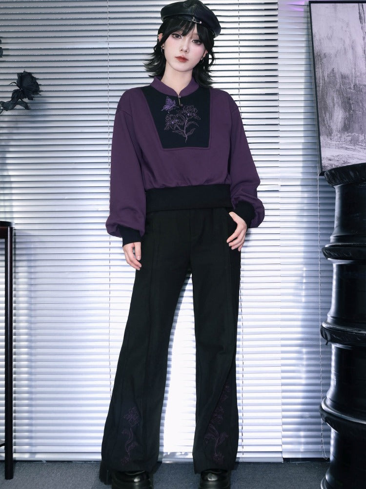 Gothic Black Flared Trousers with Asymmetrical Iris Embroidery - Quirky Hut