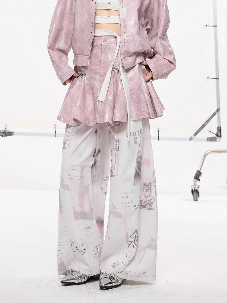 and Hand-Drawn Print Bow Doodles with Wide-leg Jeans White