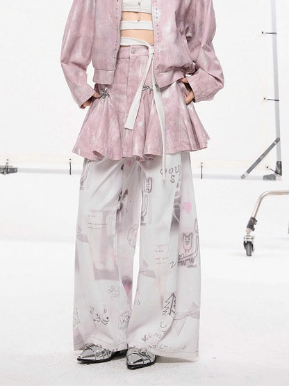 and Hand-Drawn Print Bow Doodles with Wide-leg Jeans White