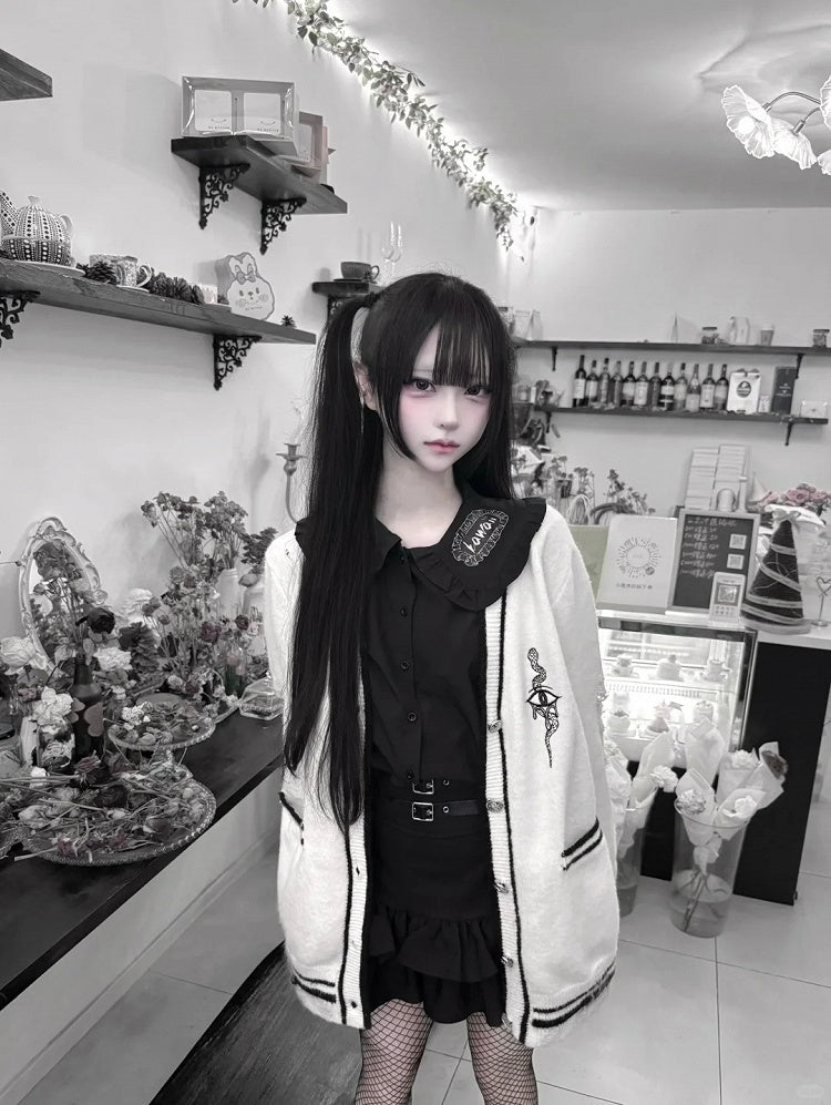 mit Augen- und Schlangenstickerei Distressed Holes Strickjacke Weiß