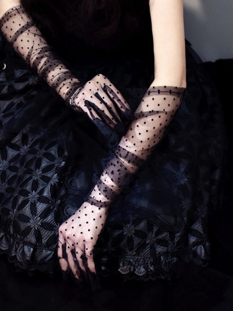 Long Black/White Lace Gloves Dot