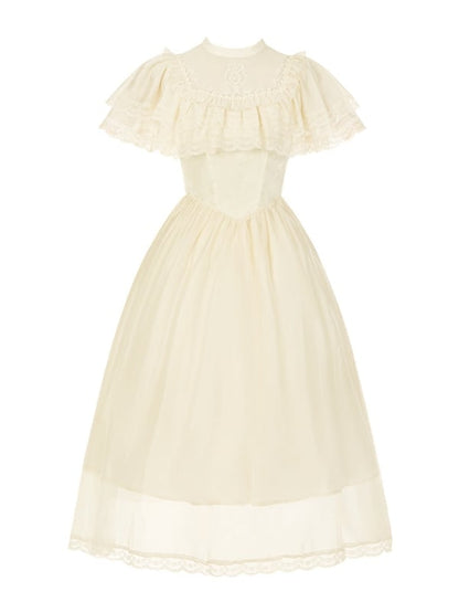 Kleid Beige Elegant One Edward Illusion Lolita Stück Quadratischer Ausschnitt Taillenausschnitt Basken