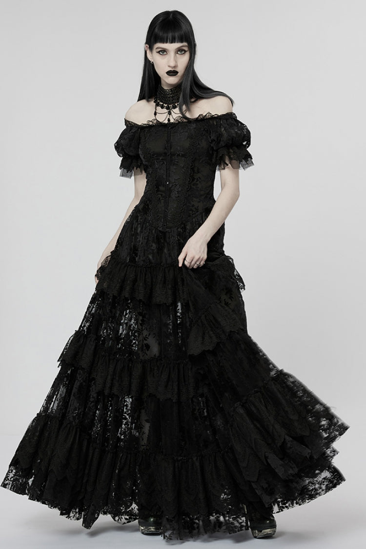 Short Puff Sleeves Print Ruffle Lace Women's Gothic Dress