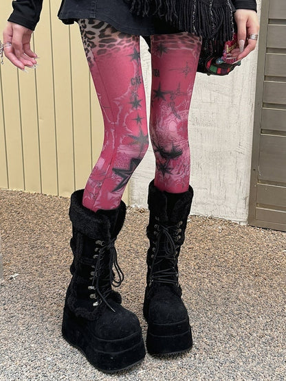 Strumpfhose mit Spitzenbesatz und Leopardenmuster in Rot