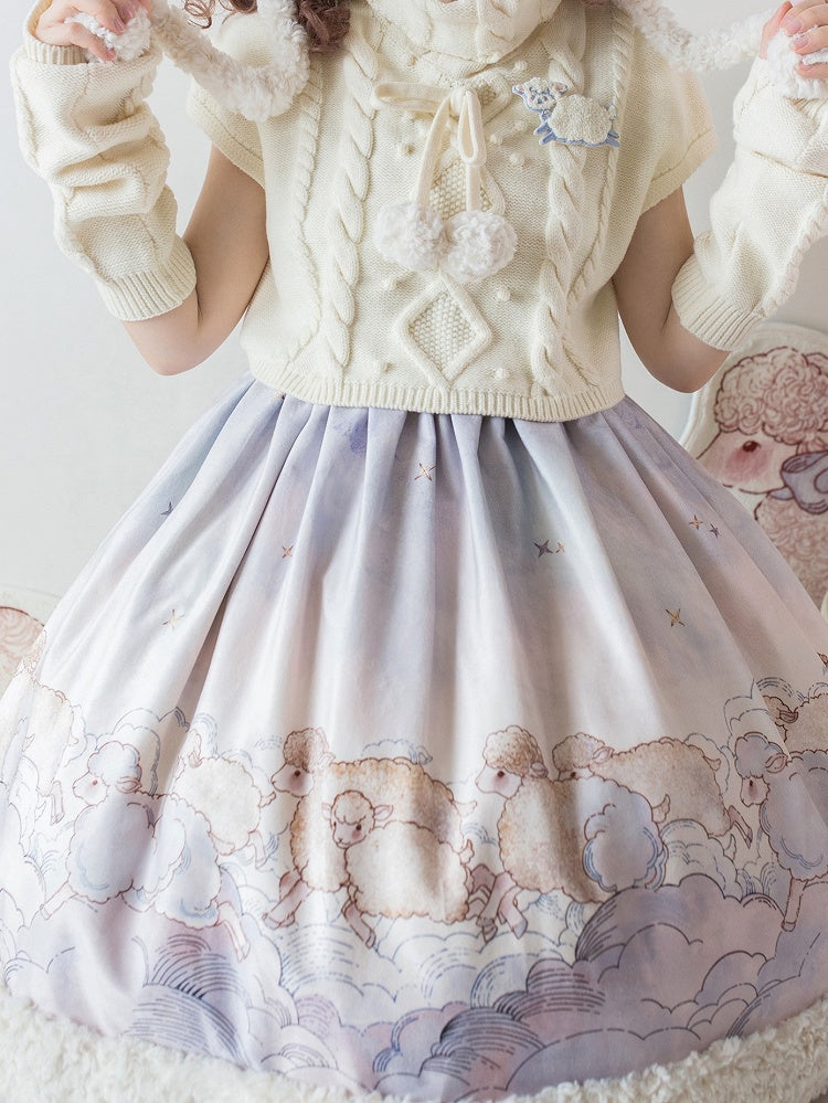 Lolita Top Knit Sheep Winter and Print Set Sleeves Dress Cloud Sweet for Autumn Purple +
