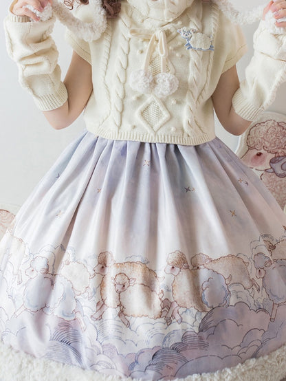 Lolita Top Knit Sheep Winter and Print Set Sleeves Dress Cloud Sweet for Autumn Purple +