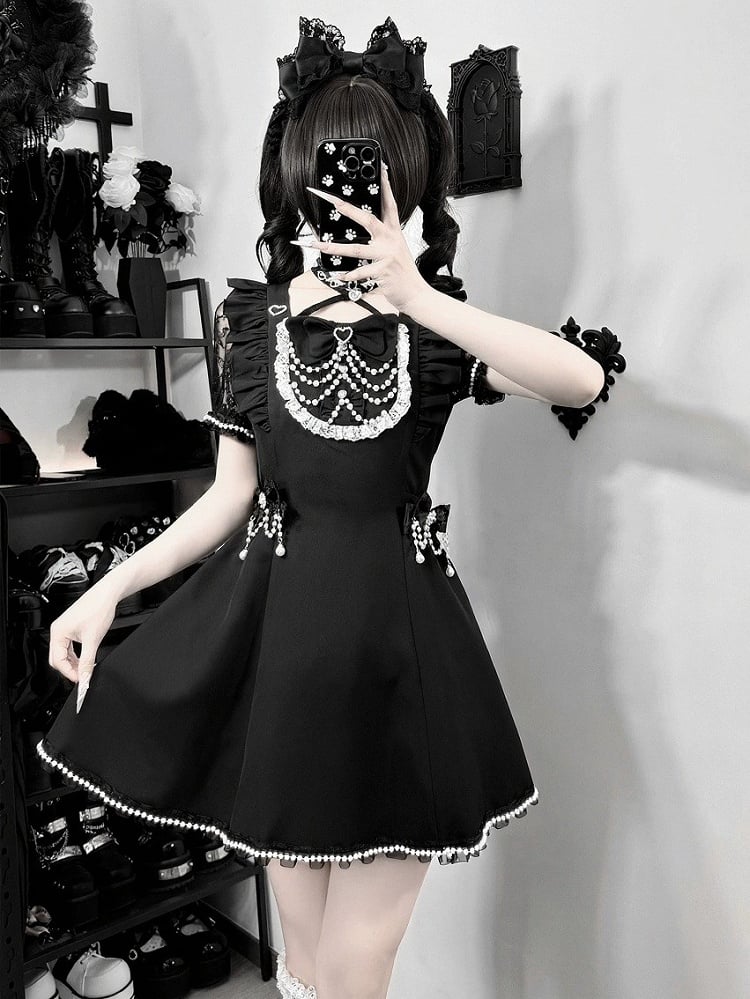 Black Bead Chain Decorated Short Sleeve Dress Set with Shorts and Bow Tie - Angel Share