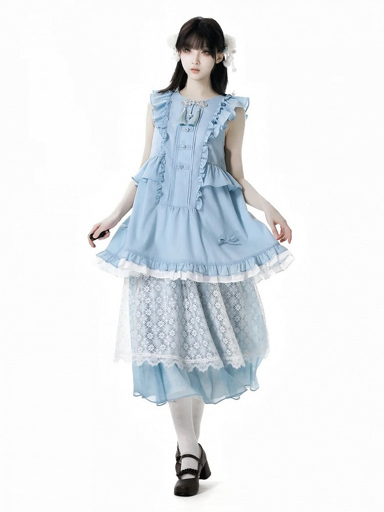 Rococo Back Buttons Style Blue Flutter Sleeves Big Sleeveless Dress Knot Cheongsam Details Tassel Bow