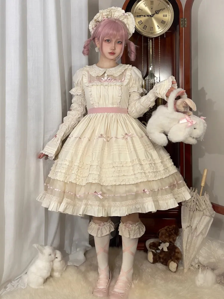 Lolita Pink Beige Peter Kleid Baumwolle Schleife und Kragen Akzente Pan