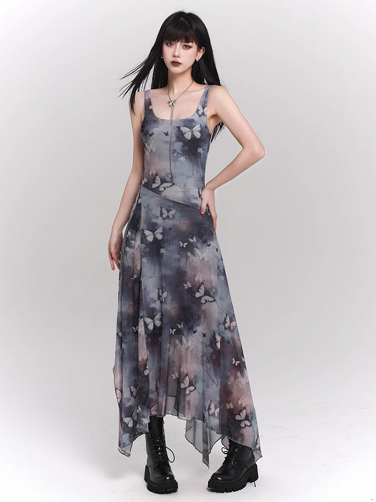 Blue & Purple Butterfly Print Asymmetrical Hem Sleeveless Dress