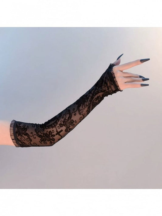Gothic Cross & Floral Motif Arm Sleeves in Black Lolita Style - Mr. Cat