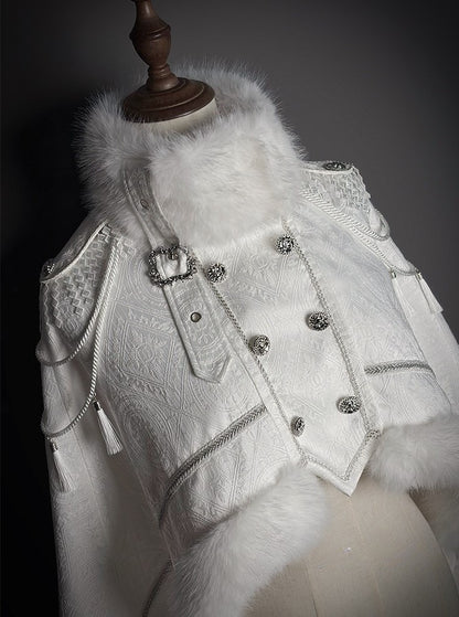 Fur-Trimmed White Decoration and Cape with Buckle Faux Breasted Lolita Military Double Tassel
