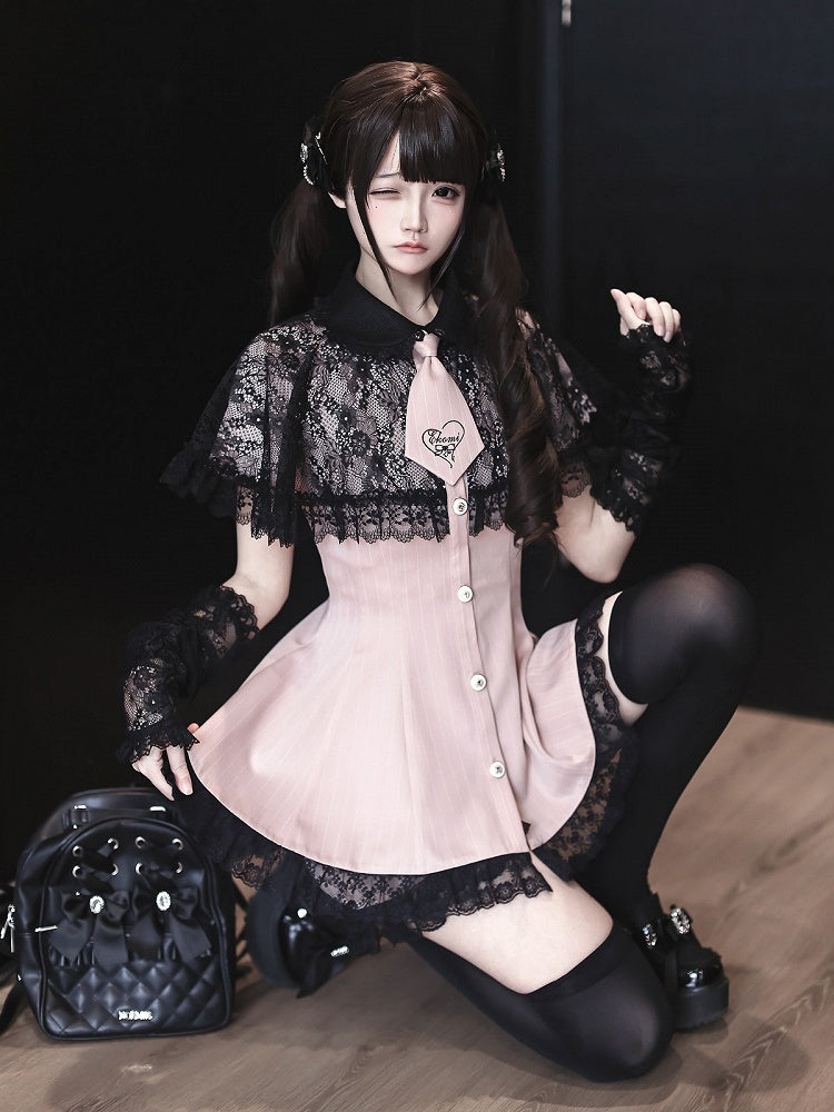 Stripe Dress Set with Lace Cape and Tie - Ekomi