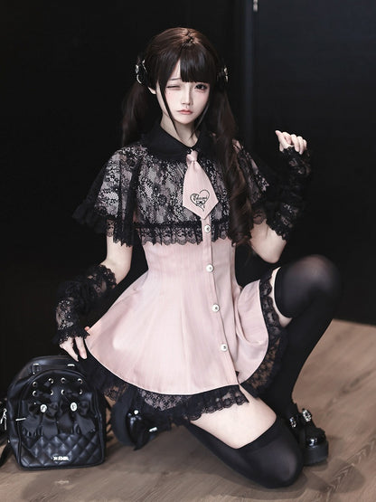 Stripe Dress Set with Lace Cape and Tie - Ekomi