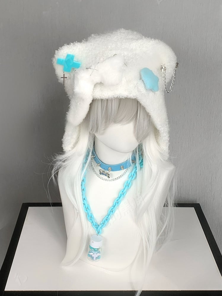 Blue Cross and Pin AccentsBear Ear Plush Hat with Bone and Star