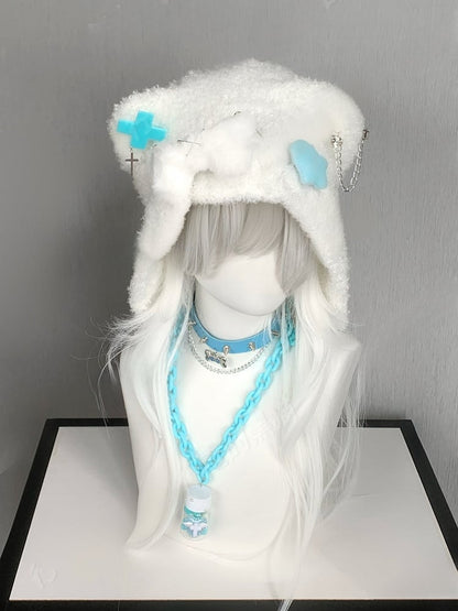 Blue Cross and Pin AccentsBear Ear Plush Hat with Bone and Star
