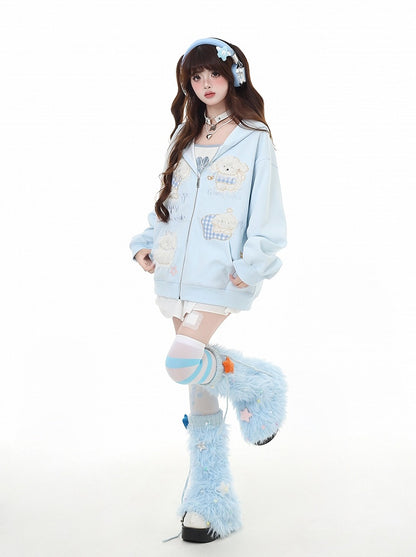 Puppy Embroidery Applique Black/Light Blue Plush Zip Closure Hoodie