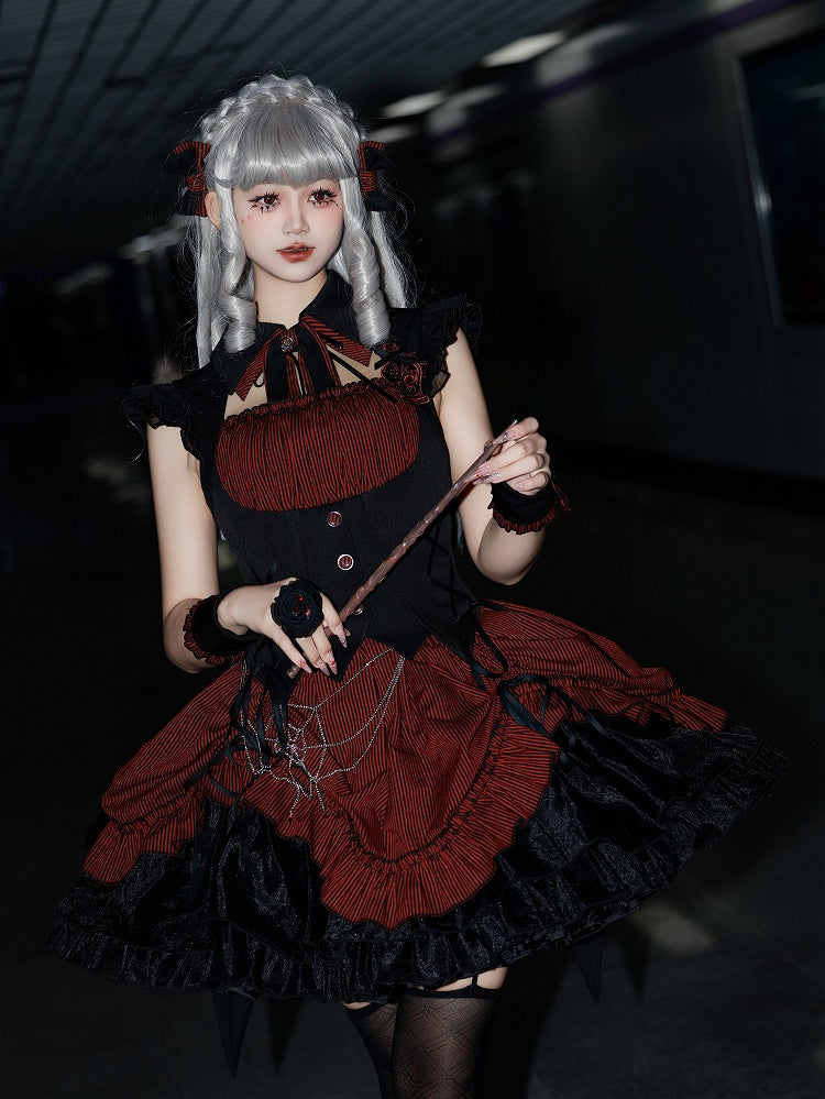 Hem Drawstring Lolita Halloween Gothic Boned and Black Pattern Waist Striped Red Dress