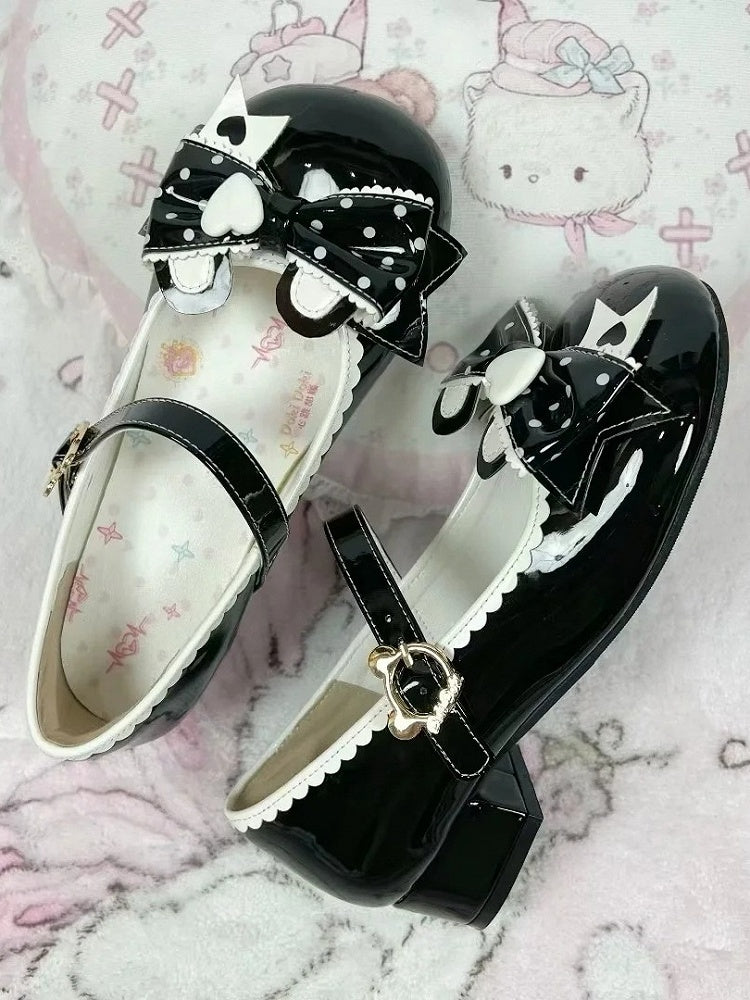 Low Fastener Ear Dot Black PU Bear Leather Heels Print Bow - Lolita