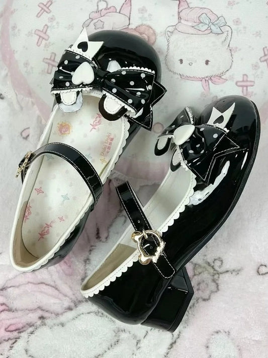 Low Fastener Ear Dot Black PU Bear Leather Heels Print Bow - Lolita