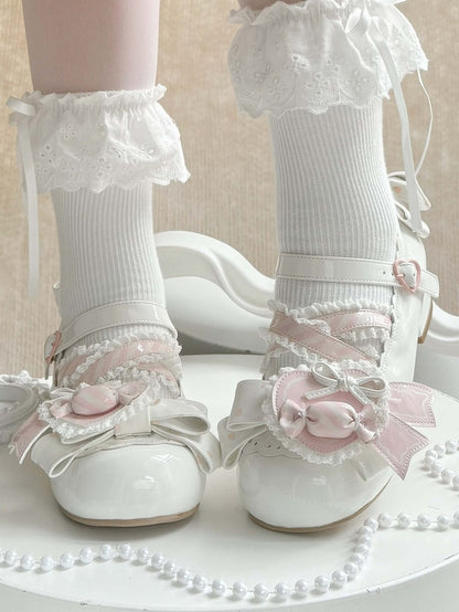 Lolita - Straps Heart Top Trim White Bow Ruffles Decor Candy Crisscross with Mary Sweet Pink Janes Shoe Clip