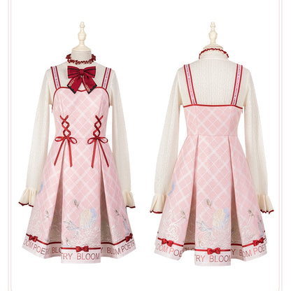 Pink and Red Trim Lace-up Front Jumper Skirt + Apricot Long Sleeves Top