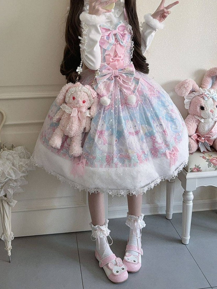 Pink with Sweet Cat Fur Trim Bow Print Accents Lolita Hem and Dress