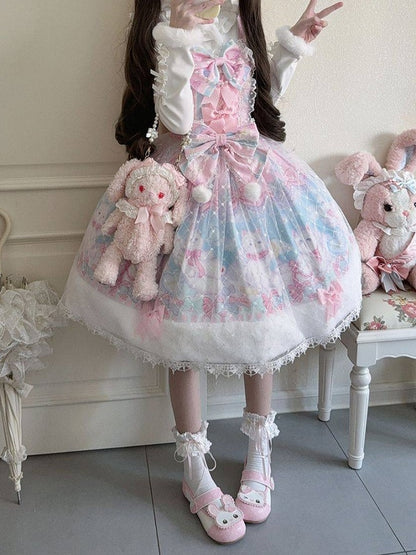 Pink with Sweet Cat Fur Trim Bow Print Accents Lolita Hem and Dress