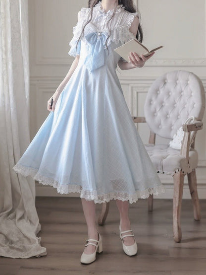 Blue Off-Shoulder Short Sleeve Chiffon Dress with Bow and Lace - Walnut JK