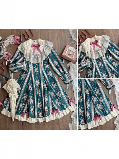 Teal Floral Print Vintage Lolita OP Dress with Lace Detailing & Elegant Design - With PUJI