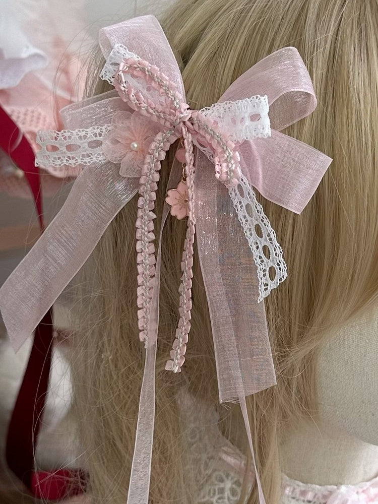 Lolita Bow Blossom Pendant Cherry Pink Hairclip Double-Layer