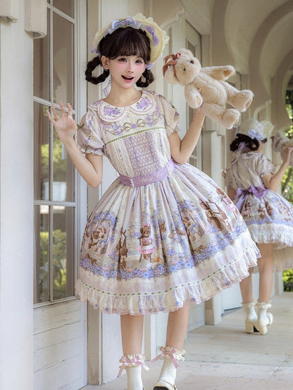 Cute Bear Print OP Dress with Purple Floral Embroidery, Doll Collar & Puff Sleeves - Stars Fall on the Foggy Island