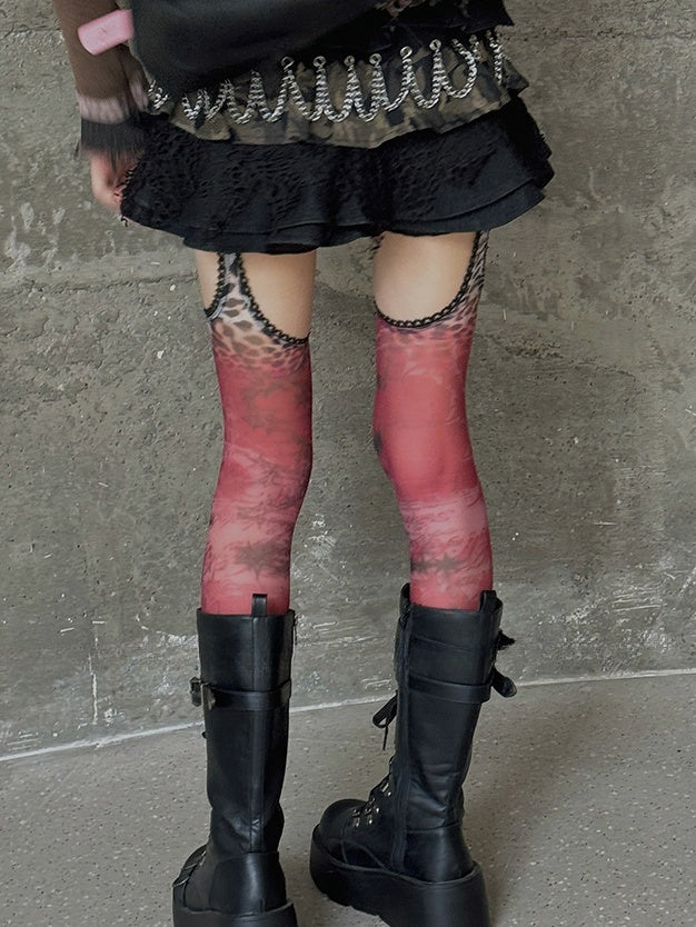 Red Star Leopard Print Spitzenbesatz Strapsstrumpfhose LW057