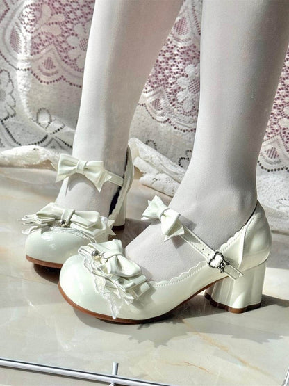White Lolita Bow Pearl Round Toe Shoes - Sweet Mist