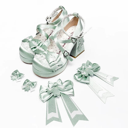 Jane Block Motif in Fastener Heart with Blossom Heel Green Bow Satin High Sweet Accents Shoes Cherry Mary Loltia