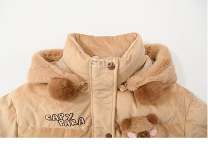 Khaki Cute Capybara Adorned Hooded Down Jacket Detachable Hood
