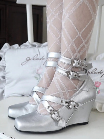 with Wedge Coffin-shaped Silver Design White Toe Gothic Crisscross Buckles Mary Square Janes