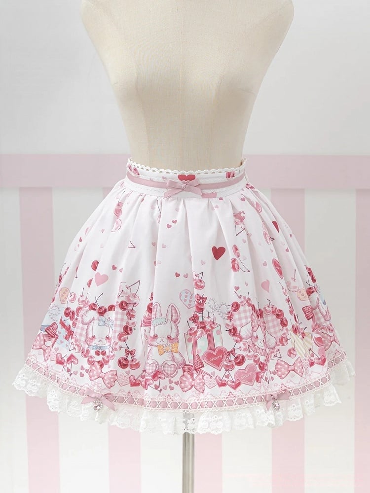 Pink Bunny and Cherry Print Short-Sleeve OP Dress with Matching Skirt - Doki Cherry