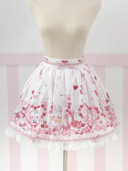 Pink Bunny and Cherry Print Short-Sleeve OP Dress with Matching Skirt - Doki Cherry
