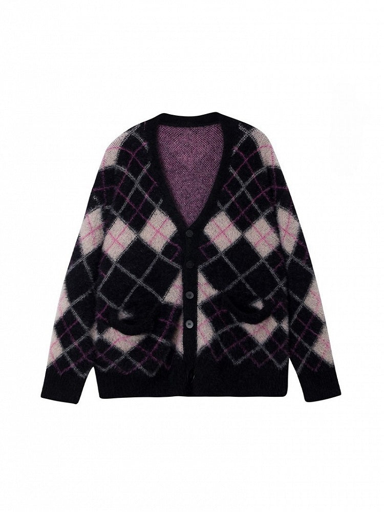 Mink Black Faux Diamond V-Neck Vintage Knit/Brushed Pattern Version Cardigan