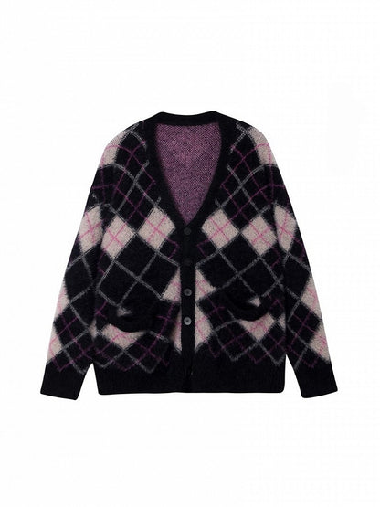 Mink Black Faux Diamond V-Neck Vintage Knit/Brushed Pattern Version Cardigan