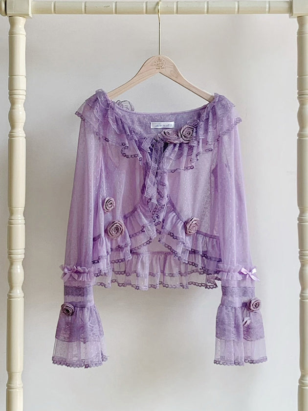 Top Sleeves Long Sheer Tulle Purple Trimming Flounce Dotted